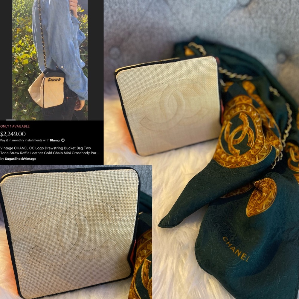 SOLD Chanel vintage raffia woven mini drawstring tote